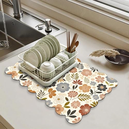 Scalloped Dish Drying Mats for Kitchen Counter, Wildflowers for Spring Autumn, Cute Coffee Bar Mat for Countertop, Diatomite Absorbent, Kitchen Aesthetic Decor (12"x19", Wildflowers) - color: Z-Wildflowers, size: 19" x 12"