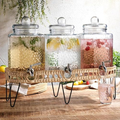 1.5 Gallon Glass Drink Dispenser for Parties 3 PACK Beverage Dispensers with Stand, Glass Water Jug Dispenser, with 18/8 Stainless Steel Spigot, Great for Party, Wedding, Picnic, BBQ Wicker Design - color: 1.5 Gallon Clear 3 Pack