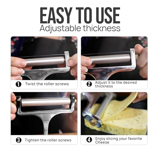 Zulay Kitchen Stainless Steel Wire Cheese Slicer - Adjustable Hand Held Cheese Cutter with 2 Extra Wires - Premium Cheese Knife for Mozzarella, Cheddar, Gruyere - Cheese Cutter with Wire (Silver) - color: Silver
