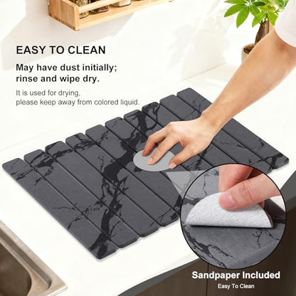 3 PCS Large Stone Dish Drying Mat for Kitchen Counter, Quick Dry Diatomaceous Earth Mat with Sink Faucet Pad, Marble Water Absorbing Stone Drying Mats for Dishes, Bottles and Cups - color: Dark Grey Marble
