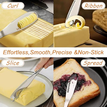 Stainless Steel Butter Slicer Cutter with 2 Butter Knives – Hand Held Ergonomic Butter Cutter for Stick Butter & Soft Cheese, 3 in 1 Easy Butter Spreader Knife for Cold Butter Slicing & Spreading - color: Silver Gray ( with 2 Butter Knives)