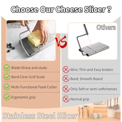 Cheese Slicer,Stainless Steel Cheese Cutter,Multipurpose Cheese Slicers with Grid Scale and Anti Slip Rubber Pads for cutting Cheese,Butter,Sausages,Bread