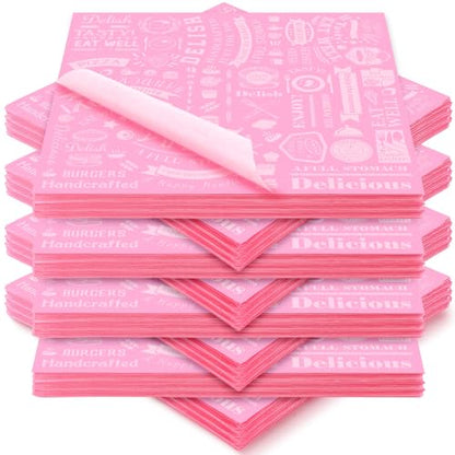 Outus 600 Pcs 12 x 12 Inch Deli Wax Paper Sheets Grease Resistant Tray Basket Liners Newsprint Paper Water and Grease Proof Sandwich Wrapping Square Hot Dog Wrappers for Food Baking (Pink) - color: Pink