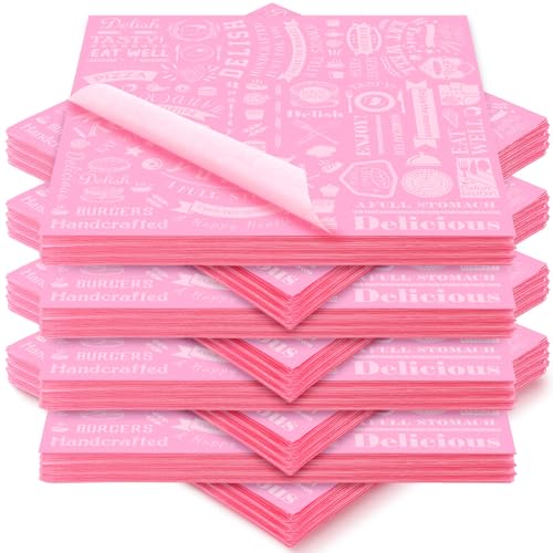 Outus 600 Pcs 12 x 12 Inch Deli Wax Paper Sheets Grease Resistant Tray Basket Liners Newsprint Paper Water and Grease Proof Sandwich Wrapping Square Hot Dog Wrappers for Food Baking (Pink) - color: Pink