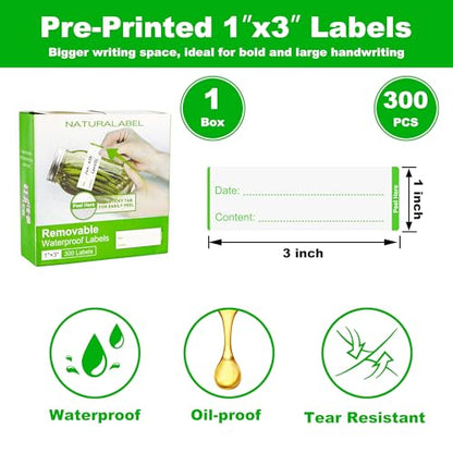 NATURALABEL 300 PCS Removable Freezer Labels with Dispenser - 1" x 3" Food Labels for Meal Prep Containers, Easy Peel-Off Design, No Residue (Green) - color: Preprinted-green