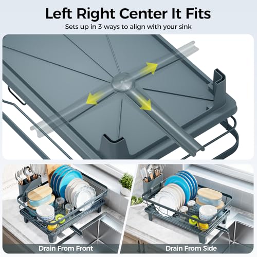 Urackify Dish Drying Rack for Kitchen Counter, Sink Dish Rack with Drainboard, Large Dish Drainer with Cups Holder, Home Countertop Plate Dryer Storage Rack with Cutlery Holder, Blue - color: Blue