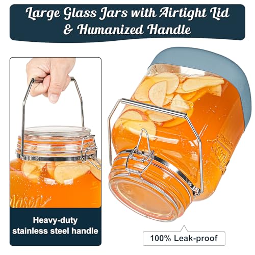 2 Pack Square 1 Gallon Glass Jar with Airtight Lid, Large Mason Jars Wide Mouth 128 Oz with Scale Marks & Handle, Glass Storage Containers with Anti-slip Base for Flour, Oat, Wheat, Cookie Jar