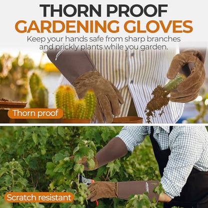 HANDLANDY Long Gardening Gloves for Men & Women, Pigskin Leather Rose Pruning Gloves- Breathable & Durable Gauntlet Glove (Small, Brown) - color: Brown, size: Small (Pack of 1)