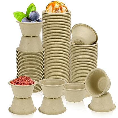 LeonBach 100 Pack Natural Bagasse Fiber Bowls 2oz Disposable Paper Cups Microwavable Safe Sample Snack Charcuterie Serving Cups Disposable Ramekins for Sauce Portion Condiment Ice Cream Desserts - color: Brown, style: 2oz-100 Pack