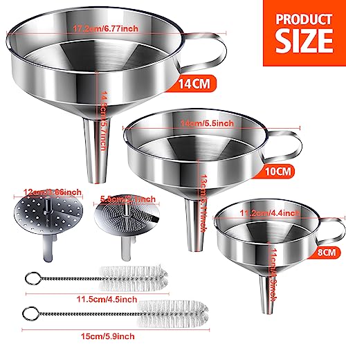YGDZ Stainless Steel Funnel, 3PCS Kitchen Funnels for Filling Bottles Set, Large Food Grade Metal Funnel with 3pcs Removable Strainer, 2pcs Brushes, Funnels for Kitchen Use, Bottle Funnel for Liquid