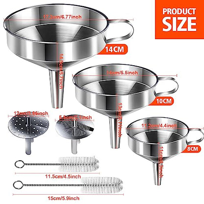 YGDZ Stainless Steel Funnel, 3PCS Kitchen Funnels for Filling Bottles Set, Large Food Grade Metal Funnel with 3pcs Removable Strainer, 2pcs Brushes, Funnels for Kitchen Use, Bottle Funnel for Liquid