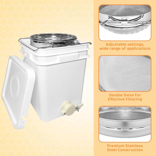 Honey Bucket w/Gate, 5&3 Gal, Stainless Strainer, Honey Extractor Kit&Double Sieve Stainless Strainer w/ 2 Filter Bags & Scraper, Fits Complete Honey Extraction Equipment