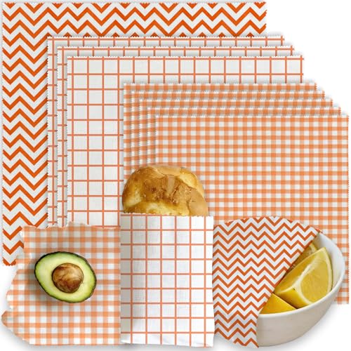 Reusable Beeswax Wraps, Orange Chevron Grid Gingham Wraps, 9 Pack Eco-Friendly Food Storage, Organic, Sustainable, Zero Waste, Plastic-Free, Sandwich, Snack, Bowl Cover, 1XL, 3M, 5S - color: Orange Geometric