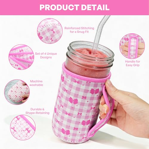 KJQJLY 4 Pcs Mason Jars Sleeves Neoprene 24oz Regular and Wide Mouth Mason Jar Sleeves Holder with Handle (Bows, 24 OZ) - color: Bows, size: 24 OZ