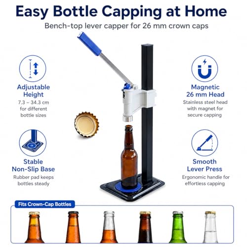 TsoLay Beer Bottle Capping Machine, Adjustable Bench Bottle Capper with Non-Slip Base, Convenient Push-Type Adjustment, Quick and Accurate Capping for Kitchen, Wineries and Bar Counters