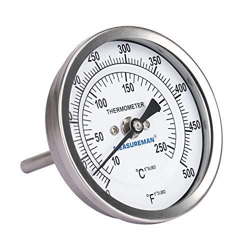 Measureman Fully Stainless Steel Bimetal Dial Thermometer, 3" Dial, 2-1/2" Stem, 50-500 deg F/10-260 deg C, -1% Accuracy, Adjustable, 1/2" NPT Back Mount - size: 50-500 deg F/10-260 deg C, style: 2-1/2" Stem