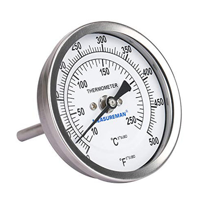 Measureman Fully Stainless Steel Bimetal Dial Thermometer, 3" Dial, 2-1/2" Stem, 50-500 deg F/10-260 deg C, -1% Accuracy, Adjustable, 1/2" NPT Back Mount - size: 50-500 deg F/10-260 deg C, style: 2-1/2" Stem