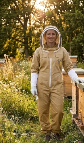 MS Premium Ventilated Cotton Beekeeping Suit with Fencing Veil & Protective Gloves – Full Body Beekeeper Suit for Men & Women - color: Beige, size: X-Large