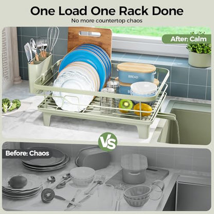 Urackify Dish Drying Rack for Kitchen Counter, Sink Dish Rack with Drainboard, Large Dish Drainer with Cups Holder, Home Countertop Plate Dryer Storage Rack with Cutlery Holder, Soft Celery Green - color: Soft Celery Green