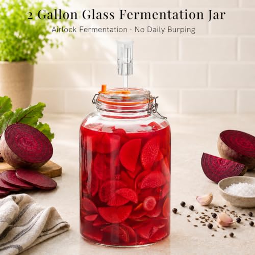 Fermentation Jar, 2 Gallon Fermenter with Airlock and Clamp Lid, 1-Pack | Large-Capacity Wide Mouth Glass Fermenting Kit for Sauerkraut, Kimchi, Pickles, Mead, Cider, Kombucha & More