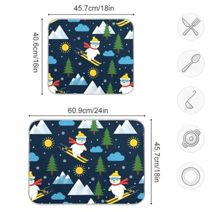 Skiing Polar Bear Tree Dish Drying Mat for Kitchen Counter Super Absorbent Draining Mat with Non-slip Backed Sink Mats for Dish Bottles Cups Bowl Draining Racks Countertops Sinks