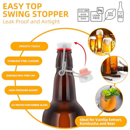1PC Swing Top Beer Bottles with Easy Flip Top 16 Oz Amber Glass Bottle Set with Airtight Cap for Kombucha, Carbonated Drinks, Brewing, and Fermenting (Amber)