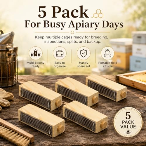 Toddmomy Wooden Bee Cage 5 Pack Beekeeping Tool with Ventilated Wire Mesh for Safe Queen Rearing and Hive Management - size: 6.00X2.00X2.00CM