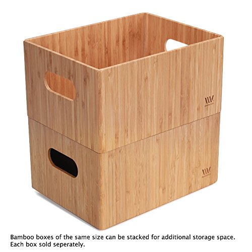 MobileVision Bamboo Storage Box Multi-Purpose Organizer for Kitchen Supplies Holder, Fruit Bin, Cabinets, Pantry with built in handles, stackable, 12” x 9” x 6” With White Clip Included - size: Single: 12" x 9" x 6"