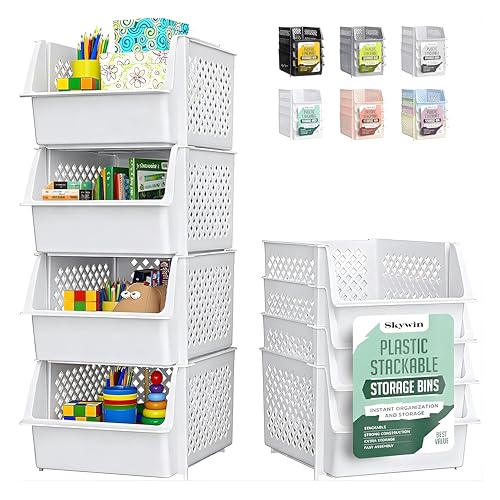 Skywin Stackable Storage Bins Open Front for Pantry Storage, 4 Pack - White | Sturdy Plastic, Easy Stacking, Open Front Access, Ventilated Sides, Vertical & Space Saving Pantry Organizers and Storage Bin - color: White, size: 4 Pack