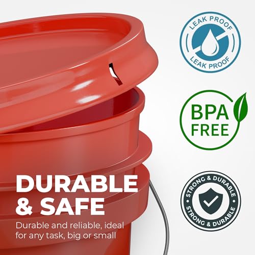 EconoHome 5-Gallon Red Bucket Pail Container with Lid | Metal Handles with Plastic Grip | Easy Stack and Store | Heavy-Duty, Approx 90 MIL, Extra Durable | Food Grade | BPA Free - 2 Pack - color: Red, size: 2 Pack