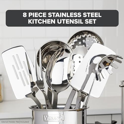 Viking Kitchen Utensils Set, 8 Piece Stainless Steel Cooking Utensil Set, Includes Spatulas, Spoons, Pasta Fork, Deep Ladle, Meat Fork, and Skimmer, Silver - style: 8-Piece Set