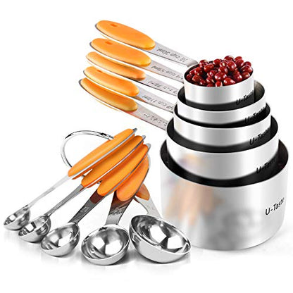 Measuring Cups : U-Taste 18/8 Stainless Steel Measuring Cups and Spoons Set of 10 Piece, Upgraded Thickness Handle(Orange) - color: Orange