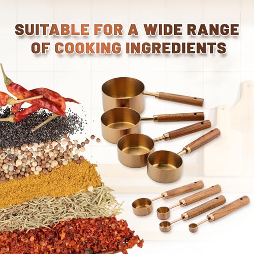 Premium Measuring Cups and Spoons Set with Wood Handle 8PCS | Stainless Steel Liquid and Dry Measuring Cup Set for Baking, Cooking, Coffee with Ergonomic Grip & Engraved Markings (Bronze) - color: Bronze8