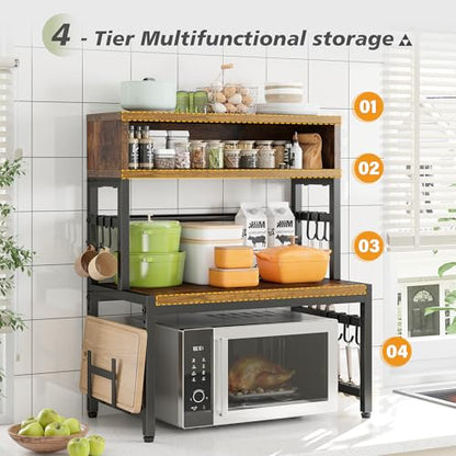 EnHomee 4-Tier Microwave Stand for Kitchen Storage, Brown | 205 lb Capacity, Adjustable Kitchen Shelves with 9 Hooks & Cutting Board Rack - color: Brown