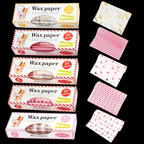 5 Boxes 250 Sheets Wax Paper Sheets Basket Liners Baking Parchment | Heart Rose Line Pattern Greaseproof Sandwich Burger Chips Cookies Food Grade Deli Wrap Paper