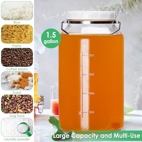 Qianfenie 1.5 Gallon Glass Jar with Lid Wide Mouth, Large Mason Jar with Airtight Screw Lid and Handle, Big Storage Jar with 2 Scale Marks for Kitchen Food, Pantry Organization (5700ML/192OZ)