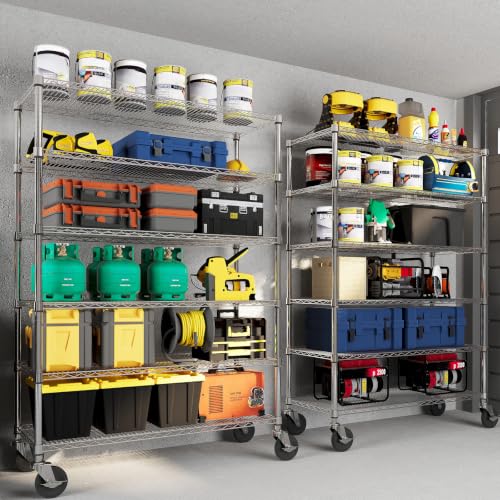 Garvee 2640LBS 6 Tier Metal Shelving with Wheels, Heavy Duty Storage Shelves Chrome Wire Racks for Garage Kitchen Commercial, Adjustable NSF Shelving, Rolling Pantry Shelf, 47" Wx18 Dx72.4 H | ﻿Heavy Duty Shelves Units for Garage Kitchen Organization, Adj
