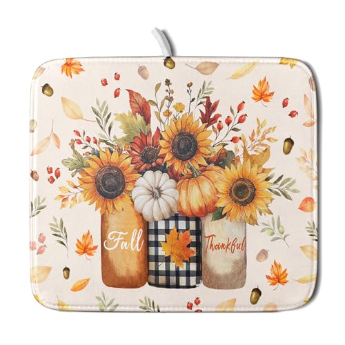 Autumn Sunflowers Vase Dish Drying Mat for Kitchen Counter,Fall Pumpkin Maple Leaves Drying Mat 16 x 18 Inch with High Absorbent Microfiber Dish Drying Drainer Mat for Coffee Bar - color: Autumn Sunflowers Vase, size: 16" x 18"
