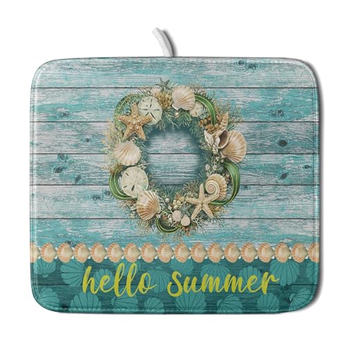 Hello Summer Dish Drying Mat for Kitchen Counter,Sea Shell Starfish Coastal Wreath Drying Mat 16 x 18 Inch with Absorbent Reversible Microfiber Drying Pad for Coffee Bar - size: 16" x 18"