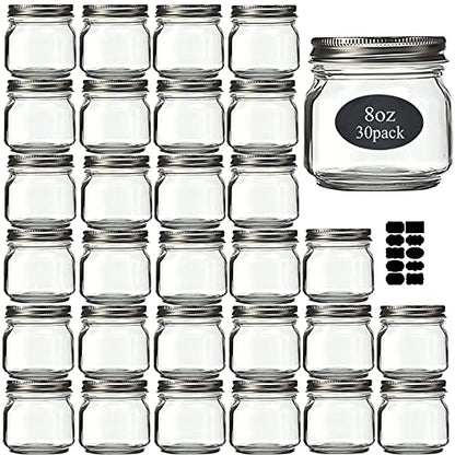 Mason Jars 8 oz 30 Pack- Small Mason Jars With Silver Lids -1/4 Quart Canning Jars| Storage Glass Jars With Lids For Jelly, Jam, Honey, Pickles - Spice Glass Jars - With 30 Chalkboard Labels - color: Silver