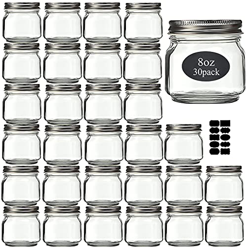 Mason Jars 8 oz 30 Pack- Small Mason Jars With Silver Lids -1/4 Quart Canning Jars| Storage Glass Jars With Lids For Jelly, Jam, Honey, Pickles - Spice Glass Jars - With 30 Chalkboard Labels - color: Silver
