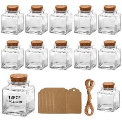 12Pcs 1.7oz Mini Glass Bottles, 50ml small Bottle, Jars with Wood Cork Stoppers, Wish Bottles, Message Bottle for Wedding Favors, Baby Shower Favors, DIY Craft (12)