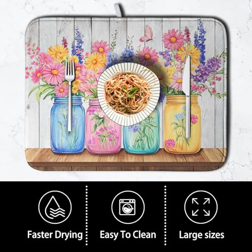 Daisy Dish Drying Mat for Kitchen Counter Spring Summer Flowers Vases Dishes Pad Microfiber Absorbent Dish Draining Mats Rustic Farmhouse Floral Wooden Board Dish Drainer Rack Mat 18x24 Inch - size: 18" x 24"