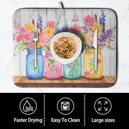 Daisy Dish Drying Mat for Kitchen Counter Spring Summer Flowers Vases Dishes Pad Microfiber Absorbent Dish Draining Mats Rustic Farmhouse Floral Wooden Board Dish Drainer Rack Mat 16x18 Inch - size: 16" x 18"