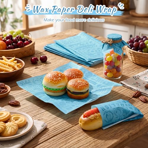 Outus 600 Pcs 12 x 12 Inch Deli Wax Paper Sheets Grease Resistant Tray Basket Liners Newsprint Paper Water and Grease Proof Sandwich Wrapping Square Hot Dog Wrapper for Food Baking (Light Blue) - color: Light Blue