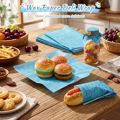 Outus 600 Pcs 12 x 12 Inch Deli Wax Paper Sheets Grease Resistant Tray Basket Liners Newsprint Paper Water and Grease Proof Sandwich Wrapping Square Hot Dog Wrapper for Food Baking (Light Blue) - color: Light Blue