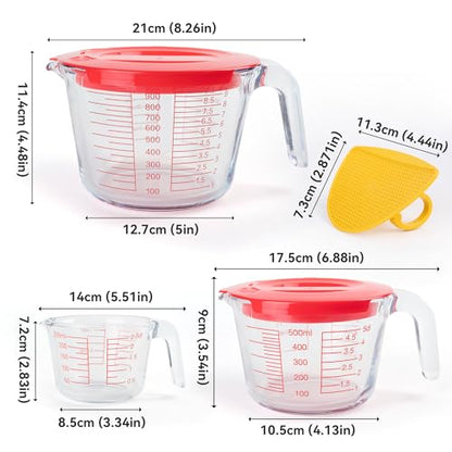6 Pcs Glass Measuring Cups Set with Lids (Strainer Included) - 1-Cup/2-Cup/4-Cup Nesting Jugs with Easy-Grip Handles, Kitchen Liquid Measuring