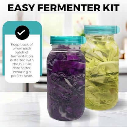 Fermentation Starter Set, Includes 3 Airlock Fermentation Lids and 3 Glass Weights, Sauerkraut Fermenting Kit for Wide Mouth Mason Jar, Pickles, Vegetables, & Kimchi Making Kit - color: Teal