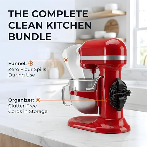 ZOFINA™ Flour Funnel for KitchenAid 6 Qt Bowl-Lift Stand Mixer RKSM60 + Cord Organizer | Mess-Free Pouring Attachment | No-Spill Baking, Food-Grade | Easy Pour & Dishwasher Safe