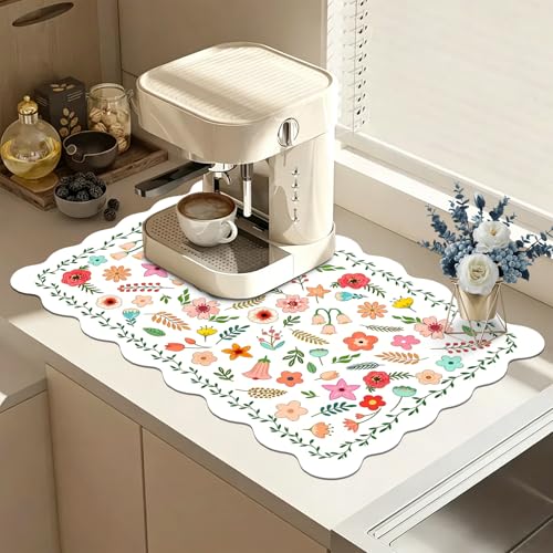 Scalloped Dish Drying Mats for Kitchen Counter, Boho Flowers White for Spring Summer, Cute Coffee Bar Mat for Countertop, Diatomite Absorbent, Kitchen Aesthetic Decor (12"x19", White Flower) - color: Z-White-Flower, size: 19" x 12"